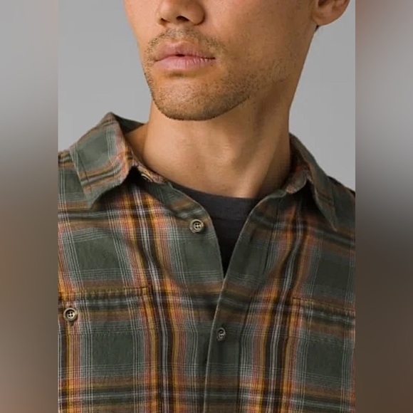 prAna Mens Dolberg Plaid Cotton Flannel Shirt in Kale Standard Fit Medium Tall - Picture 4 of 12